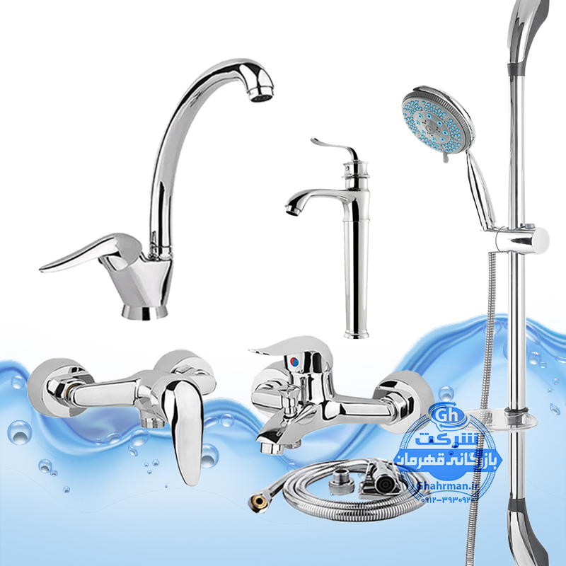 ست ۶ عددی شیرآلات برند آیدا صنعت مدل دنیز | شیر ظرفشویی + روشویی پایه‌بلند بامبو + حمام + توالت + علم دوش یونیکا + شلنگ توالت | کروم براق