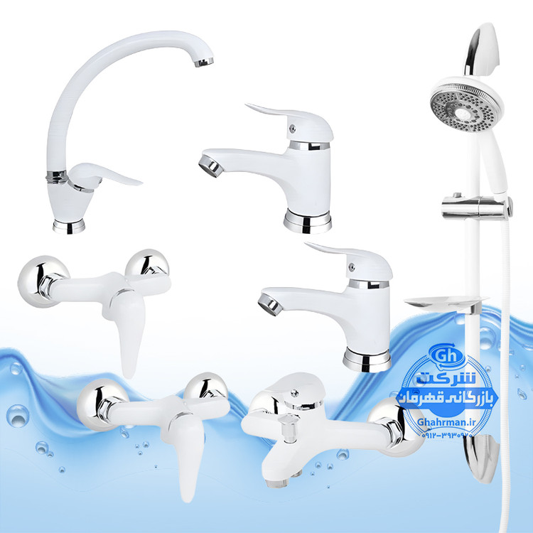 ست ۷ عددی شیرآلات برند آیدا صنعت مدل دنیز | شیر ظرفشویی + دو عدد روشویی + حمام + توالت + علم دوش یونیکا + شلنگ توالت | سفید کروم براق