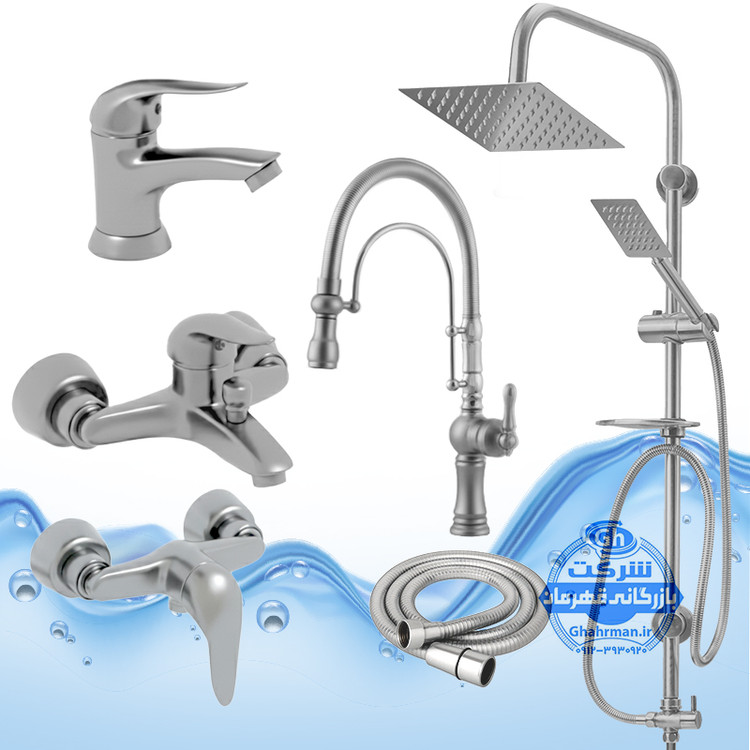 ست ۶ عددی شیرآلات برند آیدا صنعت مدل دنیز | شیر ظرفشویی بیزانس تکمنظوره + شیر روشویی + شیر حمام + شیر توالت + علم دوش صفحهاستیل + شلنگ توالت | کروم مات