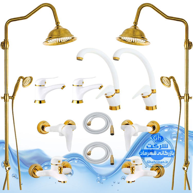 ست ۱۲ عددی شیرآلات برند آیدا صنعت مدل دنیز | دو عدد شیر ظرفشویی + دو عدد شیر روشویی + دو عدد شیر حمام + دو عدد شیر توالت + دو عدد علم دوش شیپوری + دو عدد شلنگ توالت | سفید طلایی