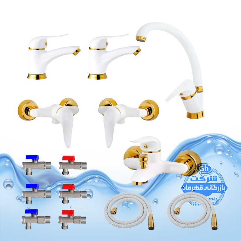 ست ۱۴ عددی شیرآلات برند آیدا صنعت مدل دنیز | شیر ظرفشویی + دو عدد شیر روشویی + شیر حمام + شیر توالت +دو عدد شلنگ استیل + شش عدد شیر پیسوار | سفید طلایی