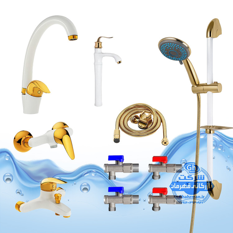 ست ۱۰ عددی شیرآلات برند آیدا صنعت مدل قهرمان اردکی | شیر ظرفشویی + شیر روشویی پایهبلند + شیر حمام + شیر توالت + علم دوش یونیکا + شلنگ توالت + چهار عدد شیر پیسوار | سفید طلایی