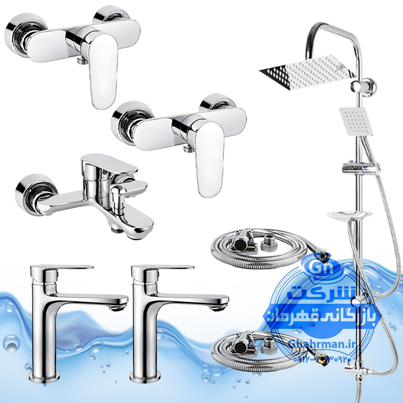ست ۸ عددی شیرآلات برند آیدا صنعت مدل ونتو | دو عدد شیر روشویی + حمام + دو عدد توالت + علم دوش یونیورست صفحه استیل + دو شلنگ توالت | کروم براق ( استیل براق )