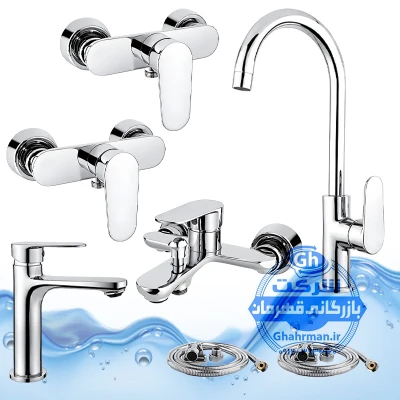 ست ۷ عددی شیرآلات برند آیدا صنعت مدل ونتو | ظرفشویی + روشویی + حمام + ۲ عدد توالت + ۲ عدد شلنگ توالت | کروم براق ( استیل براق )